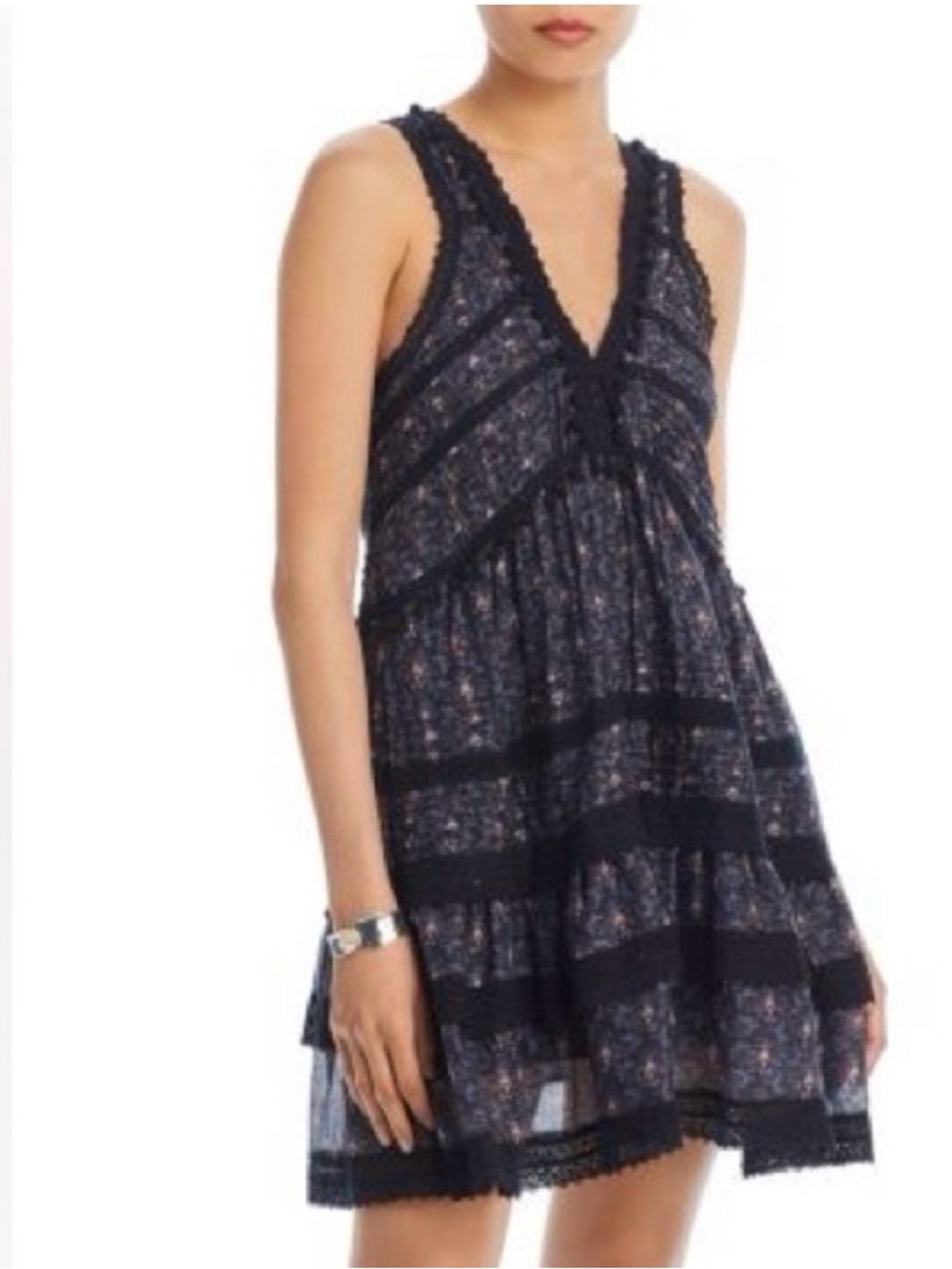 Sea New York Navy Floral Tiered Dress with Black Lace Trim